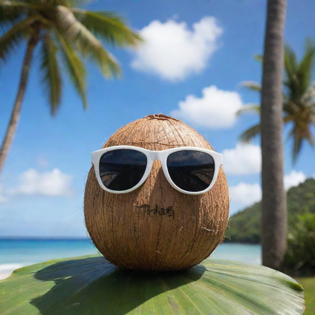 A regular coconut exuding attitude, wearing sunglasses adorned with the 'Thug Life' catchphrase, resting against a palm tree with a tropical landscape behind.