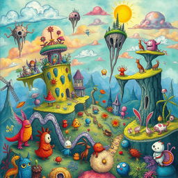 An imaginative and whimsical illustration depicting a strange world filled with surreal landscapes and fantastical creatures