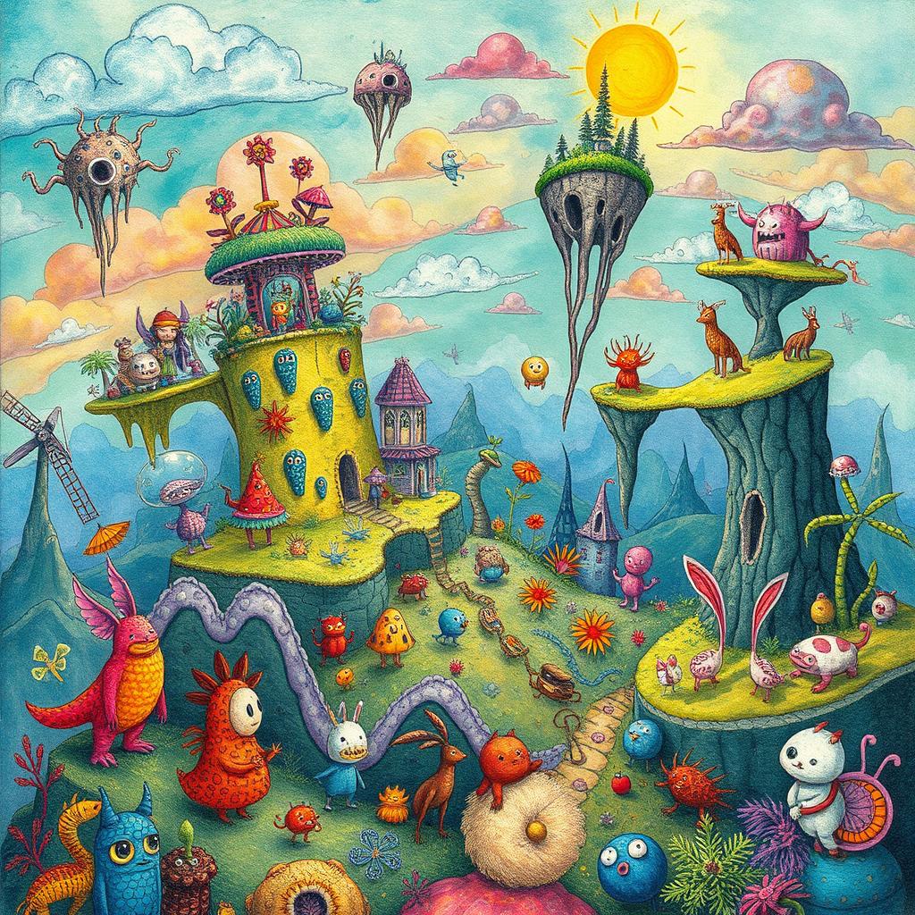 An imaginative and whimsical illustration depicting a strange world filled with surreal landscapes and fantastical creatures