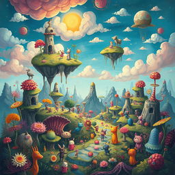 An imaginative and whimsical illustration depicting a strange world filled with surreal landscapes and fantastical creatures