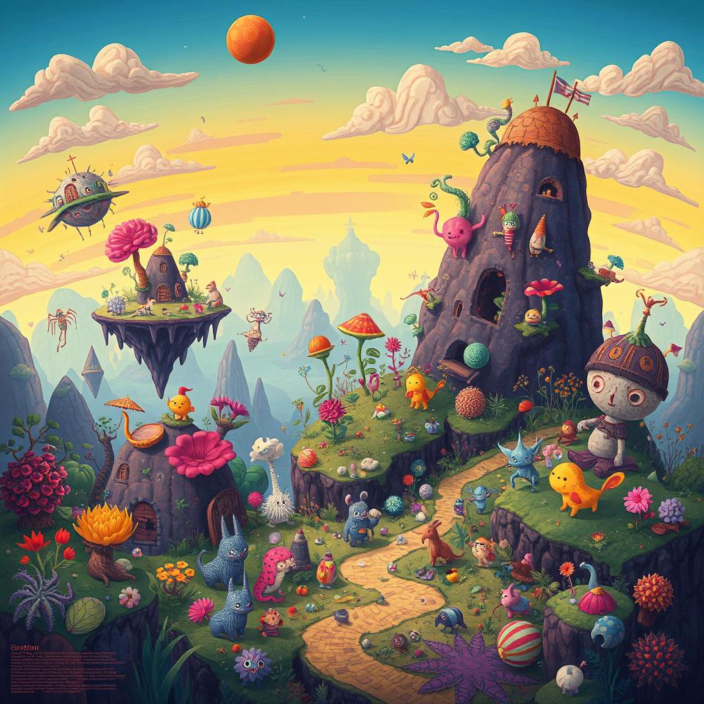 An imaginative and whimsical illustration depicting a strange world filled with surreal landscapes and fantastical creatures