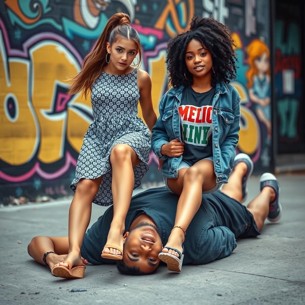 Two stylish young women standing confidently on the face of a man who is lying on the ground, their wedge shoes accentuating their long legs