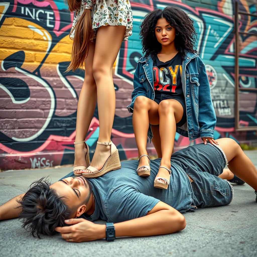 Two stylish young women standing confidently on the face of a man who is lying on the ground, their wedge shoes accentuating their long legs