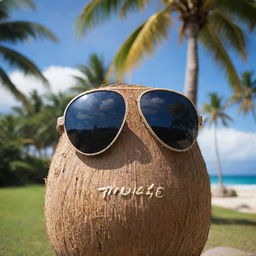 A regular coconut exuding attitude, wearing sunglasses adorned with the 'Thug Life' catchphrase, resting against a palm tree with a tropical landscape behind.