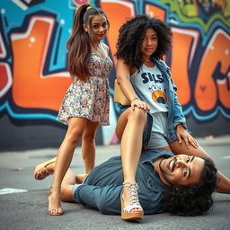 Two stylish young women standing confidently on the face of a man who is lying on the ground, their wedge shoes accentuating their long legs