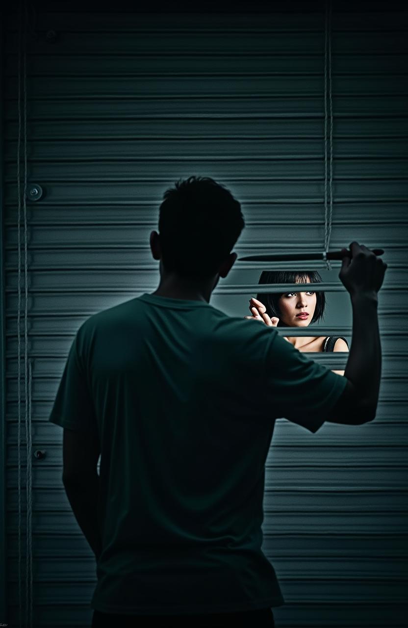 A film poster showcasing a man in his forties with his back turned, standing at night in front of a slatted shutter