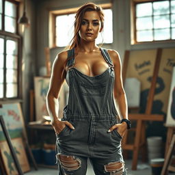 A photorealistic scene of a toned, muscular woman wearing oversized, baggy, ripped and tattered overalls, with one strap hanging down