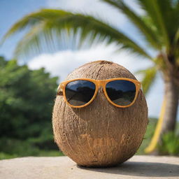 A regular coconut exuding attitude, wearing sunglasses adorned with the 'Thug Life' catchphrase, resting against a palm tree with a tropical landscape behind.