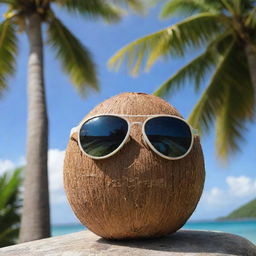 A regular coconut exuding attitude, wearing sunglasses adorned with the 'Thug Life' catchphrase, resting against a palm tree with a tropical landscape behind.