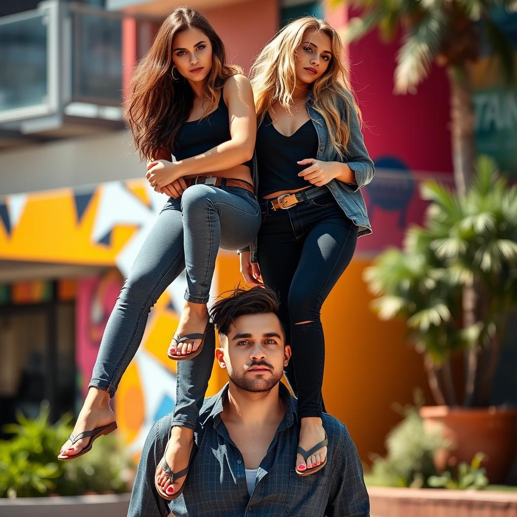 Two confident, stylish females dressed in form-fitting skinny jeans and casual flip-flops, playfully standing on a man's neck