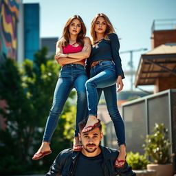 Two confident, stylish females dressed in form-fitting skinny jeans and casual flip-flops, playfully standing on a man's neck