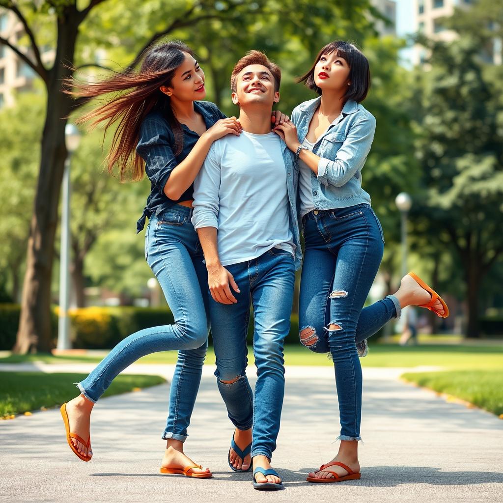 Two assertive women dressed in trendy skinny jeans and casual flip-flops, playfully trampling on a man's neck