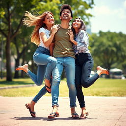 Two assertive women dressed in trendy skinny jeans and casual flip-flops, playfully trampling on a man's neck