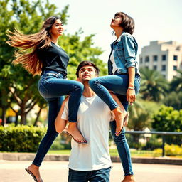 Two assertive women dressed in trendy skinny jeans and casual flip-flops, playfully trampling on a man's neck