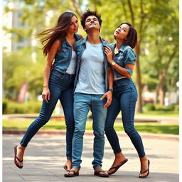 Two assertive women dressed in trendy skinny jeans and casual flip-flops, playfully trampling on a man's neck