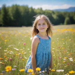 A young girl standing in a vibrant meadow filled with blooming flowers during a bright and sunny day