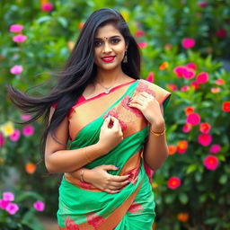 A busty Indian woman with long, flowing black hair, wearing a vibrant traditional saree that accentuates her curves