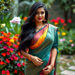 A busty Indian woman with long, flowing black hair, wearing a vibrant traditional saree that accentuates her curves