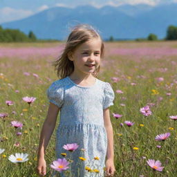 A young girl standing in a vibrant meadow filled with blooming flowers during a bright and sunny day