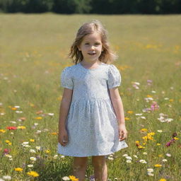 A young girl standing in a vibrant meadow filled with blooming flowers during a bright and sunny day