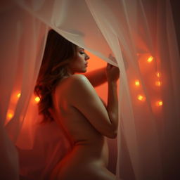 A sensual and artistic portrayal of intimacy, featuring a nude woman with a graceful pose, surrounded by soft ambient lighting