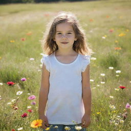 A young girl standing in a vibrant meadow filled with blooming flowers during a bright and sunny day