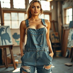 A photorealistic scene of a toned, muscular woman wearing oversized, baggy overalls with the straps ripped, causing the fabric to hang down loosely