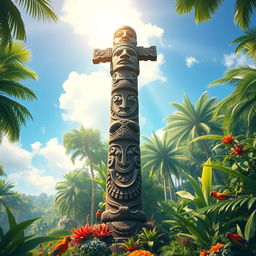 A majestic and powerful symbol of masculinity, depicted as a large, intricately designed totem standing tall in a vibrant and lush jungle setting