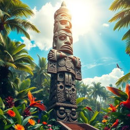 A majestic and powerful symbol of masculinity, depicted as a large, intricately designed totem standing tall in a vibrant and lush jungle setting