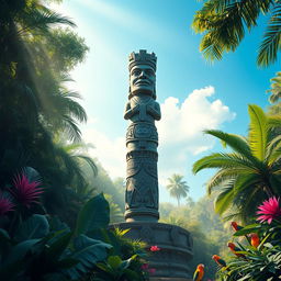 A majestic and powerful symbol of masculinity, depicted as a large, intricately designed totem standing tall in a vibrant and lush jungle setting