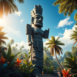 A majestic and powerful symbol of masculinity, depicted as a large, intricately designed totem standing tall in a vibrant and lush jungle setting