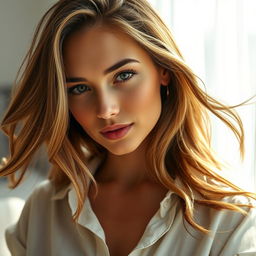 A hyper-realistic close-up of a confident, attractive woman in her 30s with flowing long hair and soft, natural makeup