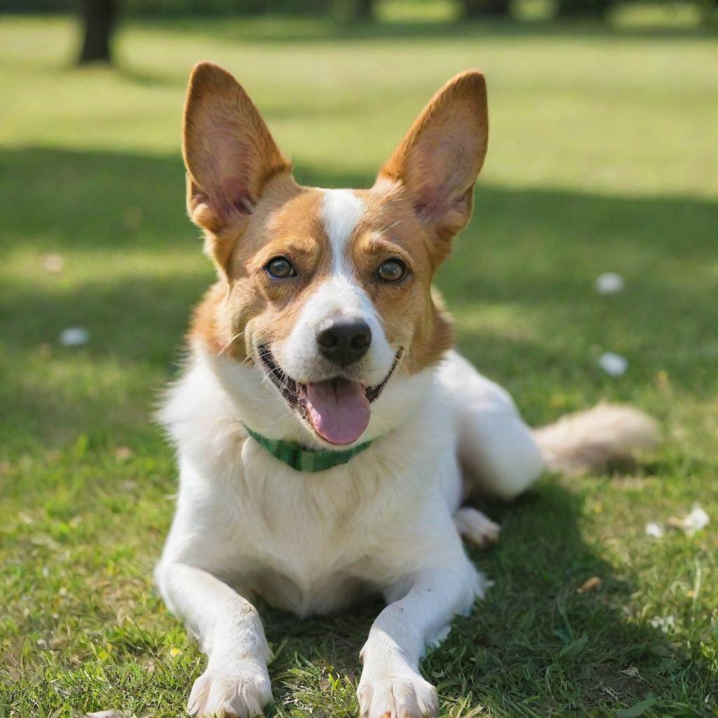 A cheerful dog with bright eyes and wagging tail, basking in the sun in a lush green park.