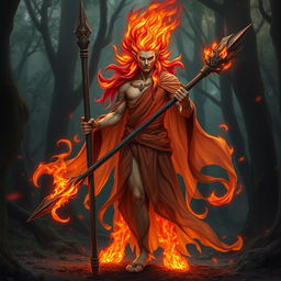 A humanoid flame elemental druid, with fiery hair and glowing skin that resembles flames, standing confidently while holding a rustic wooden spear