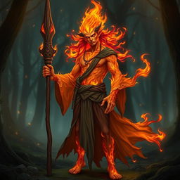 A humanoid flame elemental druid, with fiery hair and glowing skin that resembles flames, standing confidently while holding a rustic wooden spear