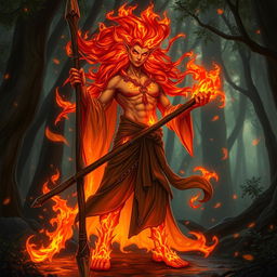 A humanoid flame elemental druid, with fiery hair and glowing skin that resembles flames, standing confidently while holding a rustic wooden spear