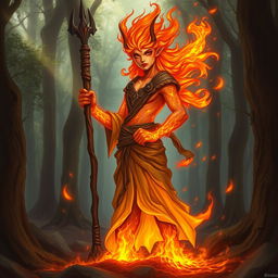 A humanoid flame elemental druid, with fiery hair and glowing skin that resembles flames, standing confidently while holding a rustic wooden spear