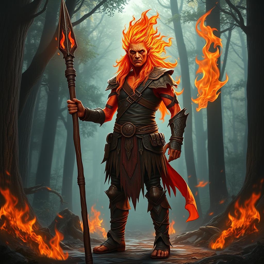 A humanoid flame elemental druid, with fiery hair and glowing skin that resembles flames, standing proudly while holding a rustic wooden spear