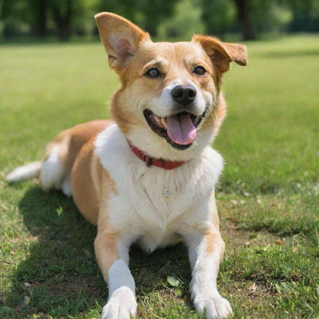 A cheerful dog with bright eyes and wagging tail, basking in the sun in a lush green park.