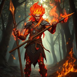 A humanoid flame elemental druid, with fiery hair and glowing skin that resembles flames, standing proudly while holding a rustic wooden spear