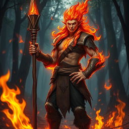 A humanoid flame elemental druid, with fiery hair and glowing skin that resembles flames, standing proudly while holding a rustic wooden spear