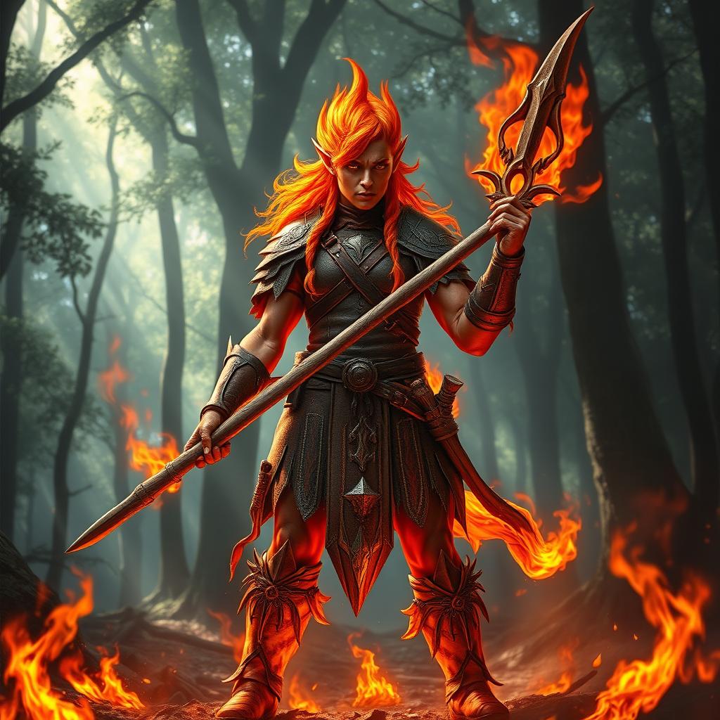 A humanoid flame elemental druid, with fiery hair and glowing skin that resembles flames, standing proudly while holding a rustic wooden spear