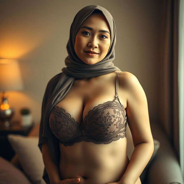 An elegant depiction of a mature Asian woman wearing a stylish hijab, confidently showcasing her voluptuous figure in exquisite lingerie