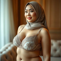 An elegant depiction of a mature Asian woman wearing a stylish hijab, confidently showcasing her voluptuous figure in exquisite lingerie