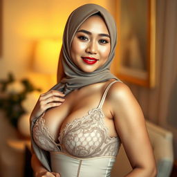 An elegant depiction of a mature Asian woman wearing a stylish hijab, confidently showcasing her voluptuous figure in exquisite lingerie