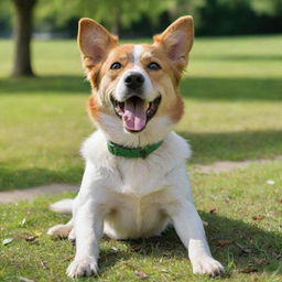 A cheerful dog with bright eyes and wagging tail, basking in the sun in a lush green park.