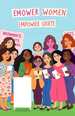 A vibrant illustration representing women's electoral rights, depicting a diverse group of women of various ethnicities and ages confidently exercising their right to vote