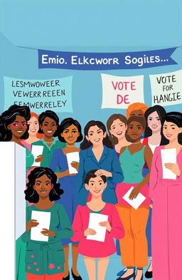 A vibrant illustration representing women's electoral rights, depicting a diverse group of women of various ethnicities and ages confidently exercising their right to vote