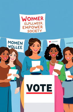 A vibrant illustration representing women's electoral rights, depicting a diverse group of women of various ethnicities and ages confidently exercising their right to vote