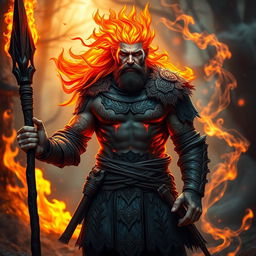 A male humanoid flame elemental druid, with vibrant flames for hair and glowing ember-like skin, stands powerfully while holding a blackened wooden spear in one hand